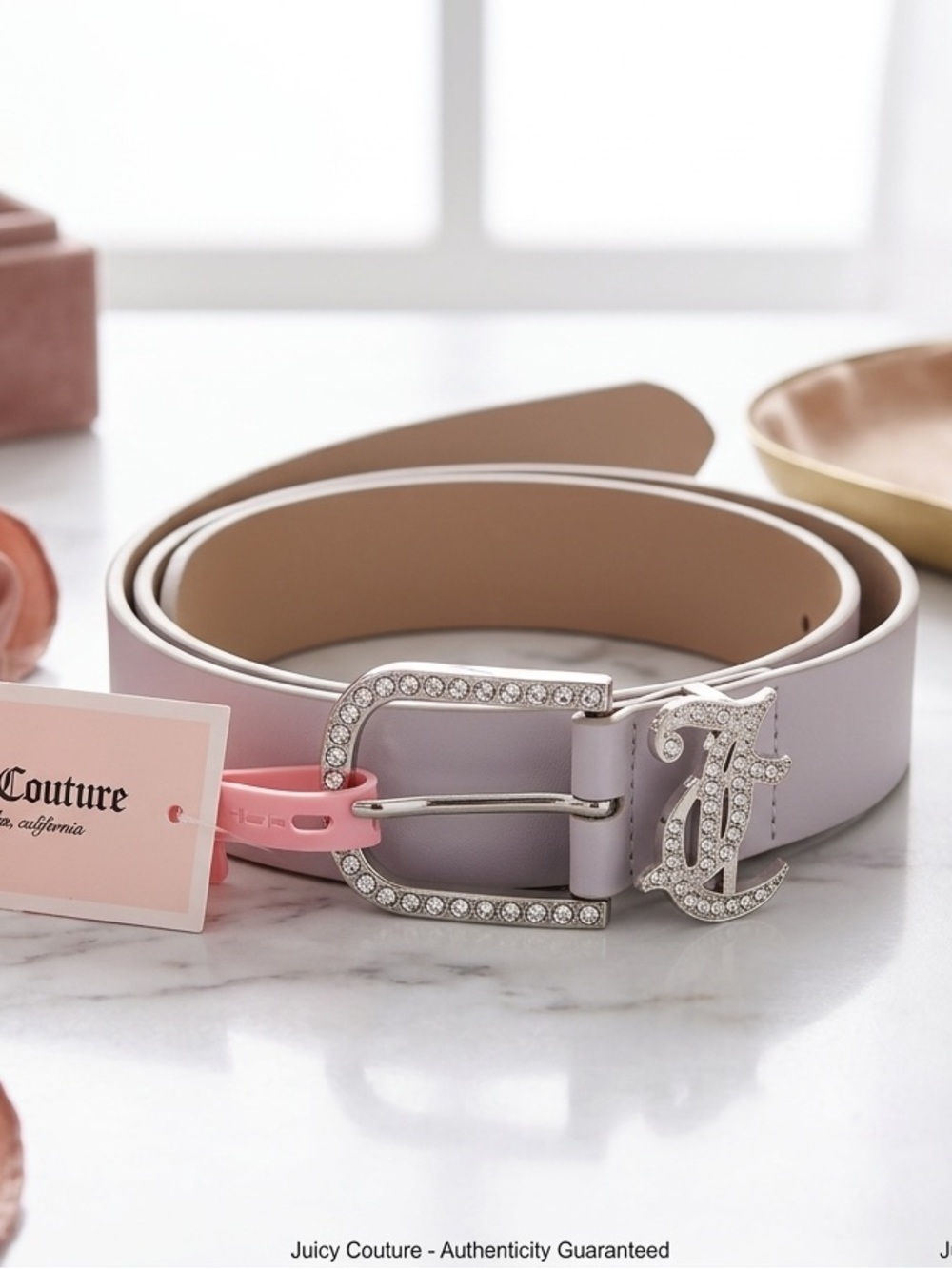 Juicy Couture Gray Beige Leather Belt Rhinestone JC Monogram Buckle Size L/XL